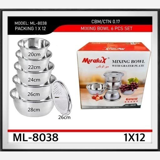 کاسه استیل ۶ پارچه آشپزخانه مدل ML-8038 همراه با رنده